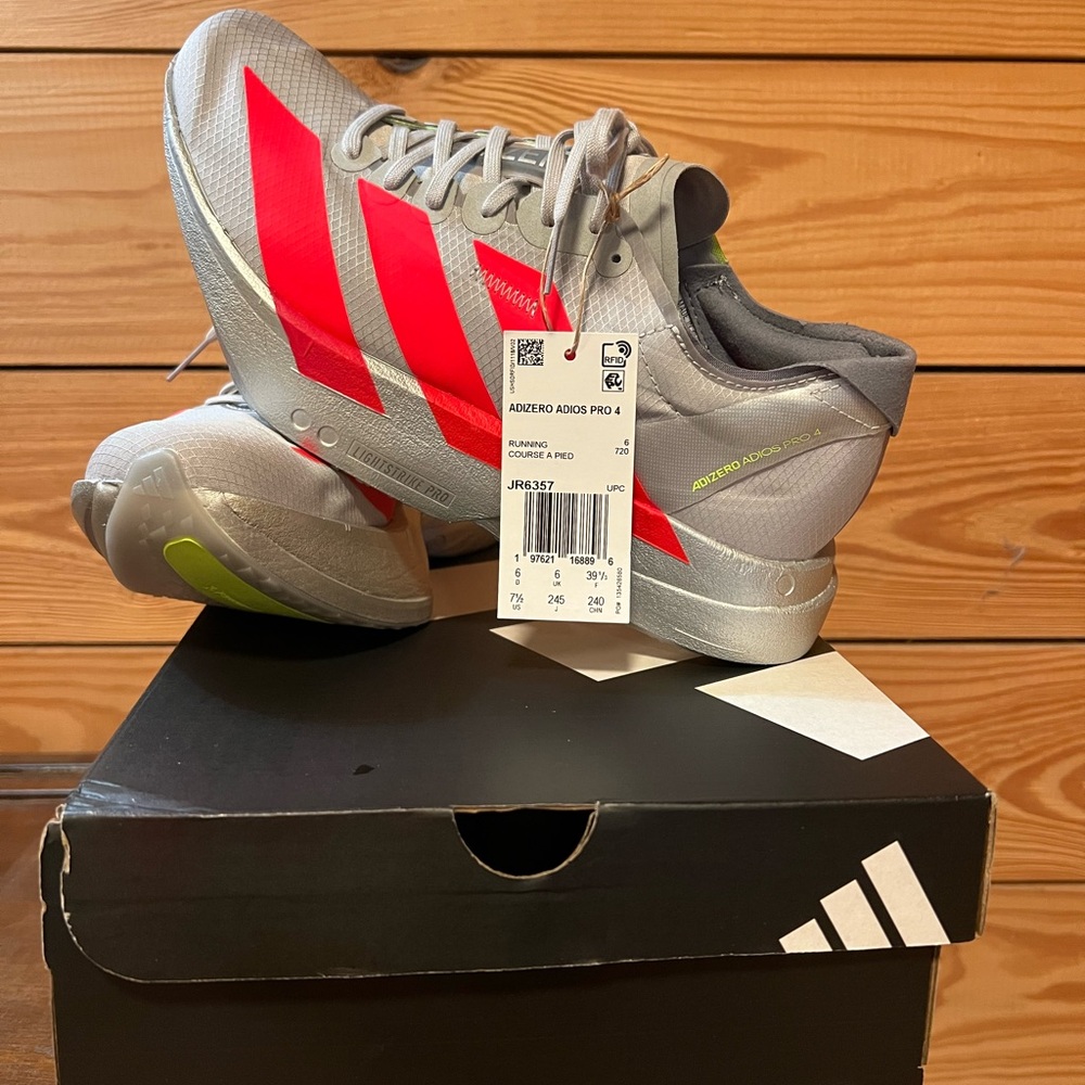 Adidas Adizero Adios Pro 4 in Gray and Red